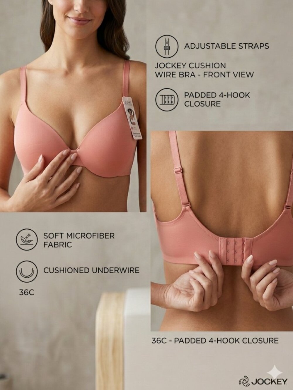 Jockey Cushion Microfiber Coral Underwire Bra - Size 36C NEW - Picture 1 of 6